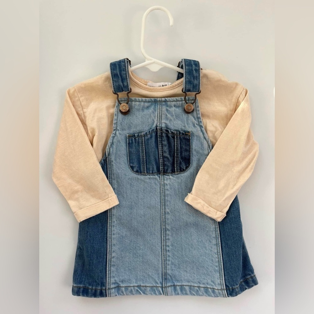 Zara Blue and Cream Casual Denim Dress with Patchwork Design & Shirt